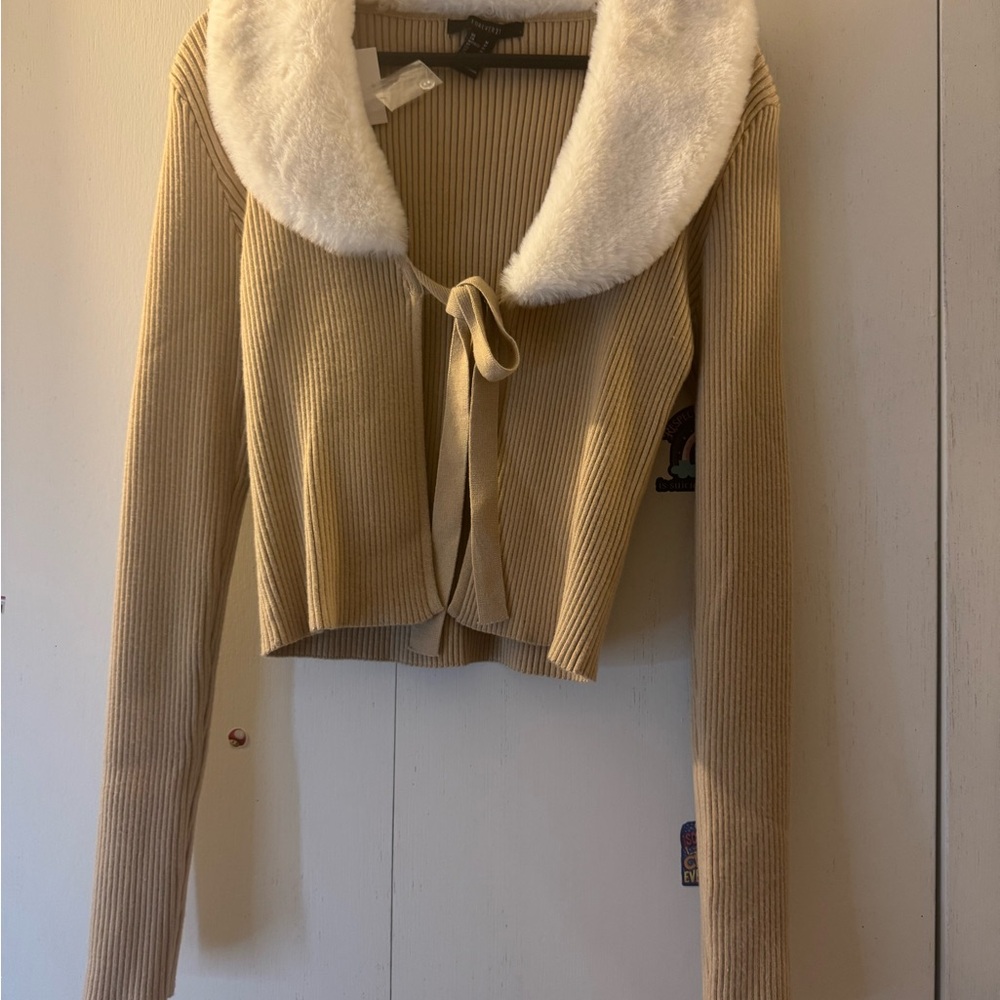 Forever 21 Tan Ribbed Cardigan with Cream Collar